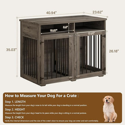 Furniture Dog Crate for Two Dogs, 41 Inch Farmhouse Style Dog Kennel with Removable Divider and Thickened Desktop, Heavy-Duty Base for Small to Medium Dogs, Grey
