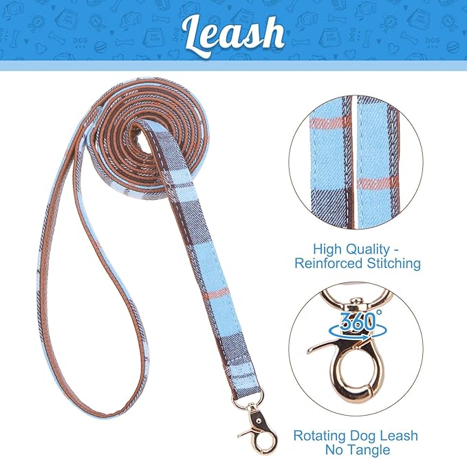 EXPAWLORER Puppy Collar and Leash Set - Classic Plaid Small Dog Collar with Bow Tie, 360 Swivel No Tangle Dog Leash, Adjustable Dog Collar for Small Medium Dogs Cats, Sky Blue S