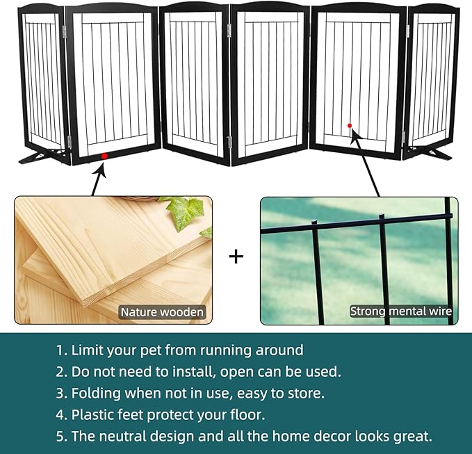 ZJSF Freestanding Dog Fence Indoor, Foldable Dog Gate for Doorways, Stairs or Hallways, Sturdy Wood Extra Wide Pet Gate with Support Feet for The House, Black, 32 "Height-6 Panels