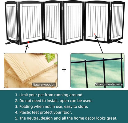 ZJSF Freestanding Dog Fence Indoor, Foldable Dog Gate for Doorways, Stairs or Hallways, Sturdy Wood Extra Wide Pet Gate with Support Feet for The House, Black, 32 "Height-6 Panels