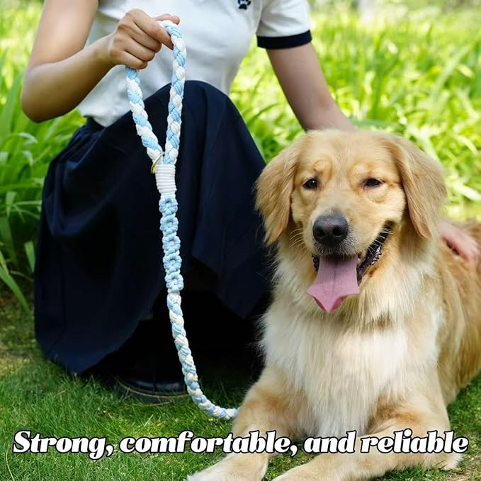 Handmade 5ft Braided Cotton Dog Leash with Unique Floral Handle, Durable and Stylish, Ideal for Small to Large Dogs,Blue & White Color