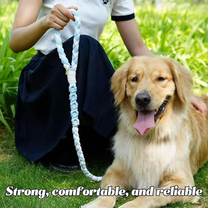 Handmade 5ft Braided Cotton Dog Leash with Unique Floral Handle, Durable and Stylish, Ideal for Small to Large Dogs,Blue & White Color