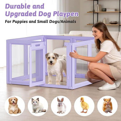 DIY Clear Acrylic Dog Playpen House,Quick Easy Assembly and Disassembly,Strong Floor Suction,Indoor and Outdoor Use,Easy Cleansing Puppy Fence (Purple, 23.6" H, 8PCS)