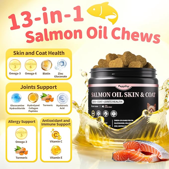 Salmon Oil for Dogs Skin & Coat, 13 in 1 Wild Alaskan Fish Oil for Dogs - Omega 3 EPA & DHA & ALA Fatty Acids, Dog Allergy Relief Chews, Joint & Immune Support, 90 Count, Salmon Flavor, Soft Chews