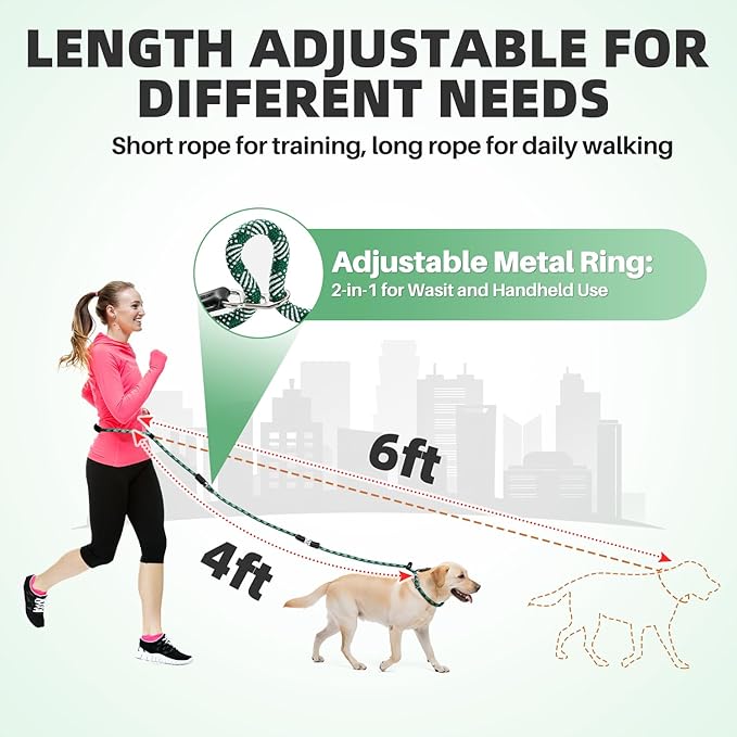 SlowTon Slip Lead for Dogs - Hands Free No Tangle Adjustable 4-6 FT 1/2” Rope, Heavy Duty Nylon Leash for Large Medium Dogs that Pull, No Pull Training Slip Leashes, 20-120lb, Green
