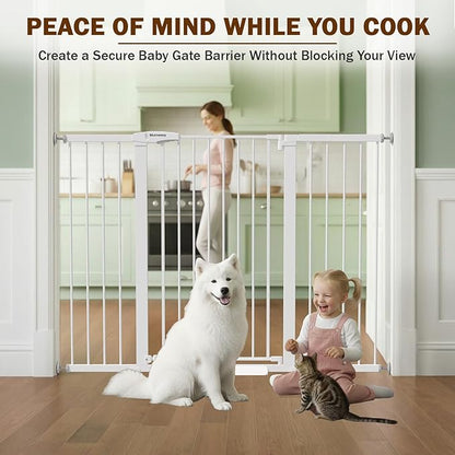 Mumeasy 36" Extra Tall Baby Gate for Doorways, 29.7"-57" Extra Wide Dog Gate for Stairs, Pressure Mounted Auto Close Pet Safety Gate with Easy Walk Thru Door, Large Indoor Child Gate for House, White