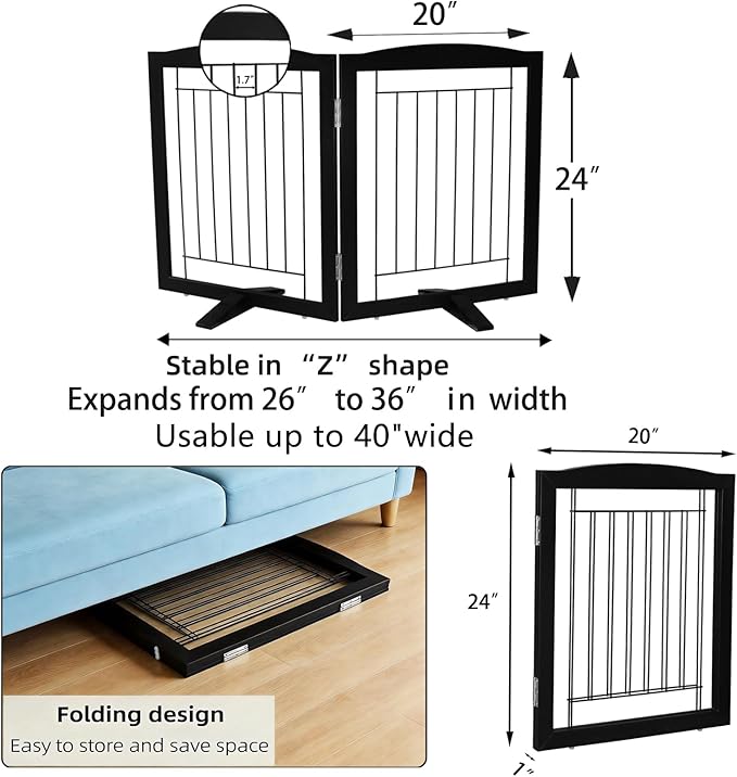 ZJSF Freestanding Dog Fence Indoor, Foldable Dog Gate for Doorways, Stairs or Hallways, Sturdy Wood Extra Wide Pet Gate with Support Feet for The House, Black, 24 "Height-2 Panels