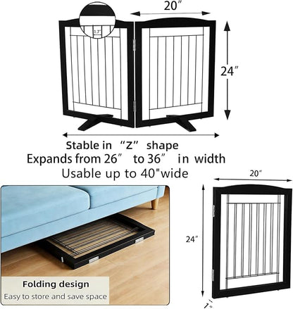 ZJSF Freestanding Dog Fence Indoor, Foldable Dog Gate for Doorways, Stairs or Hallways, Sturdy Wood Extra Wide Pet Gate with Support Feet for The House, Black, 24 "Height-2 Panels