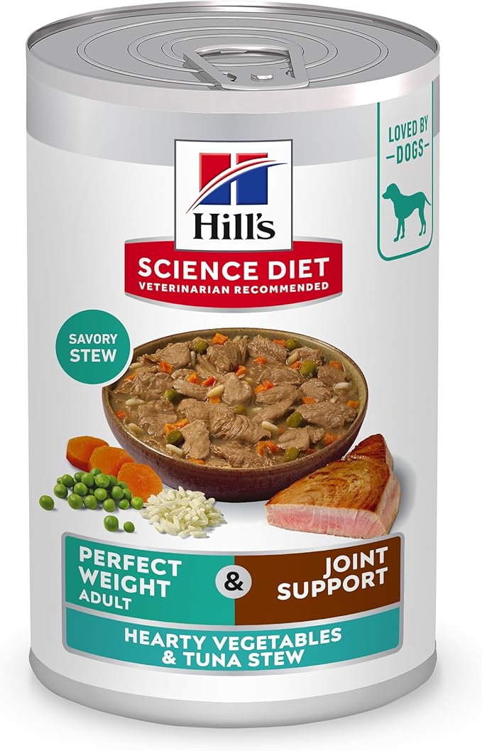 Hill's Science Diet Perfect Weight, Adult 1-6, Weight Management Support, Wet Dog Food, Tuna & Vegetables Stew, 12.5 oz Can, Case of 12