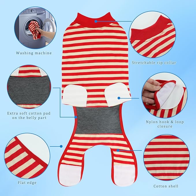 2 Packs Breathable Cotton Dog Recovery Suit for After Neuter Spay Abdominal Wounds Protector, Professional Anti-Licking Onesies for Male Female Pets Surgery Bandages, S Red & Blue Stripes