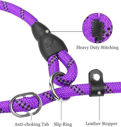 TagME 6ft Slip Dog Lead, No Pull Reflective Training Leash with Padded Handle, Professional Rope P-Leash for Small Medium Large Dogs, Heavy Duty Correction Lead for Walking & Training (Purple)