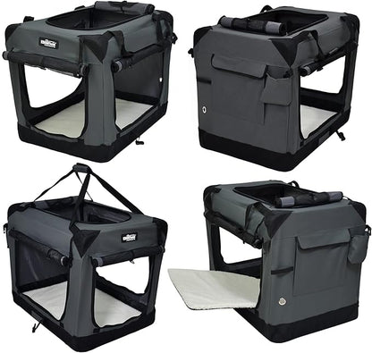 EliteField 4-Door Folding Soft Dog Crate with Curtains, Carrying Bag and Fleece Bed (2 Year Warranty), Indoor & Outdoor Pet Home (20" L x 14" W x 14" H, Gray+4 Door Curtains)