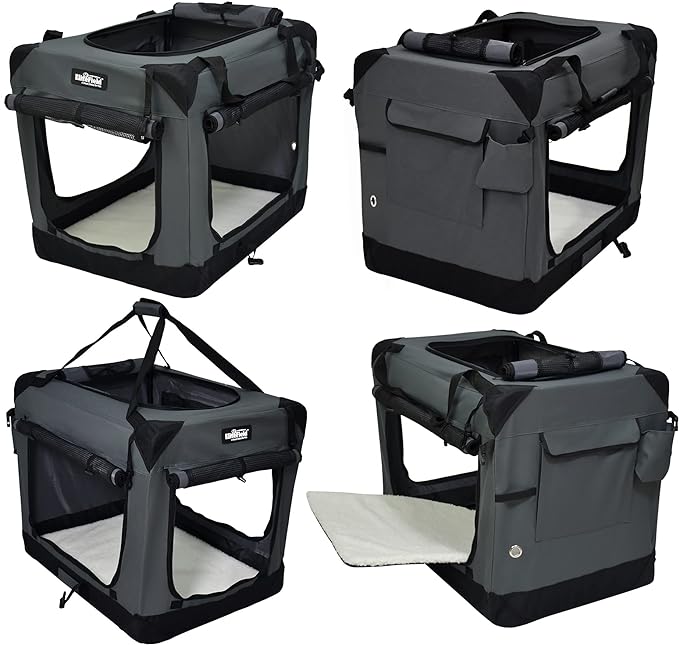 EliteField 4-Door Folding Soft Dog Crate with Curtains, Carrying Bag and Fleece Bed (2 Year Warranty), Indoor & Outdoor Pet Home (36" L x 24" W x 28" H, Gray+4 Door Curtains)