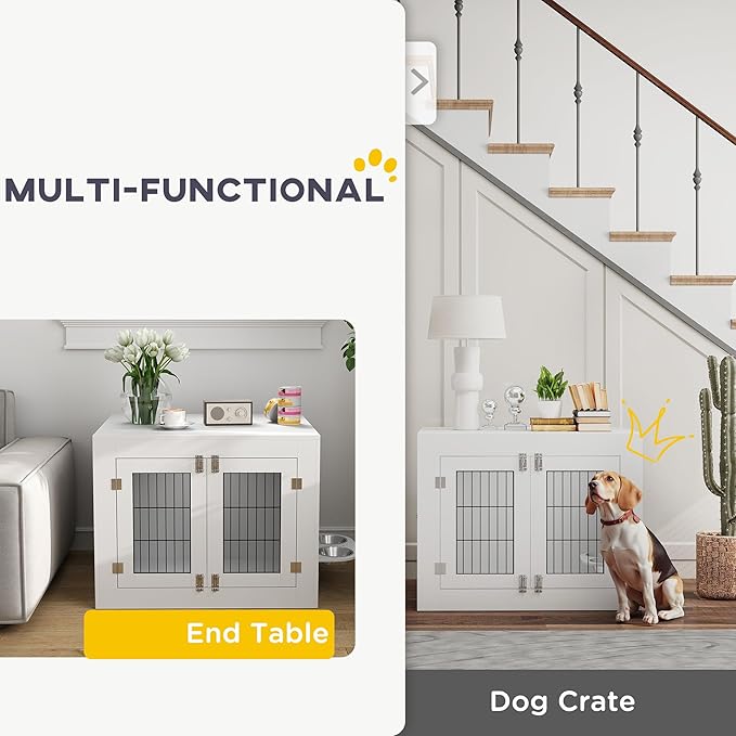 PawHut Dog Crate Furniture w/ 360° Rotatable Removable Dog Bowls, Dog Kennel Furniture w/Two Doors, Non-Slip Foot Pads, Furniture Dog Crate End Side Table for Medium Dogs, 31.5" x 24" x 25", White