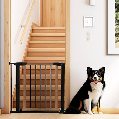 NMN Designs Logan Dog Gate - Indoor Pet Barrier and Wooden Dog Gate with Walk Through Swinging Door - Pressure Mounted for Walls and Stairs - Puppy Gates for the House - Expandable 29.5" to 51.5"