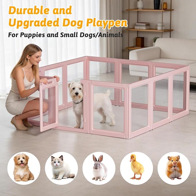 DIY Clear Acrylic Dog Playpen House,Quick Easy Assembly and Disassembly,Strong Floor Suction,Indoor and Outdoor Use,Easy Cleansing Puppy Fence (Skin Pink, 23.6" H, 12PCS)