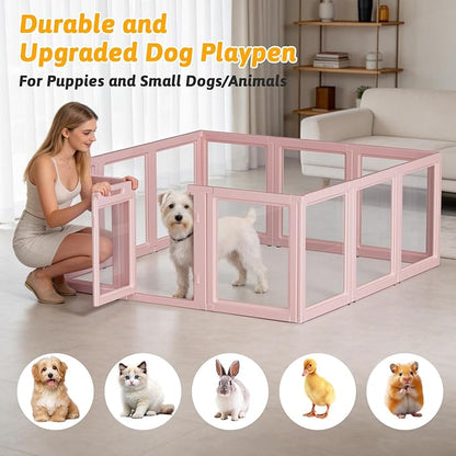 DIY Clear Acrylic Dog Playpen House,Quick Easy Assembly and Disassembly,Strong Floor Suction,Indoor and Outdoor Use,Easy Cleansing Puppy Fence (Skin Pink, 23.6" H, 12PCS)