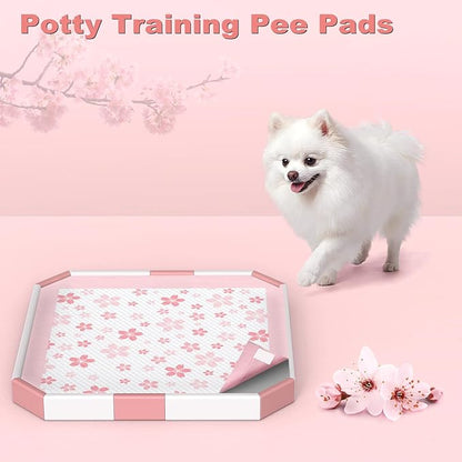 MIZOK Puppy Pads 22"x22", Pee Pads for Dogs 6-Layer Absorbency & Leak-Proof, Pink Cherry Blossom Prints, 4-Corner Adhesive Tabs, Wee Wee Pads for Small Dog Breeds (30 Counts)