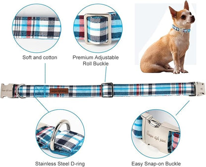 Unique Style Paws Metal Buckle Blue Plaid Collar - Durable & Cute for Small, Medium & Large Dogs