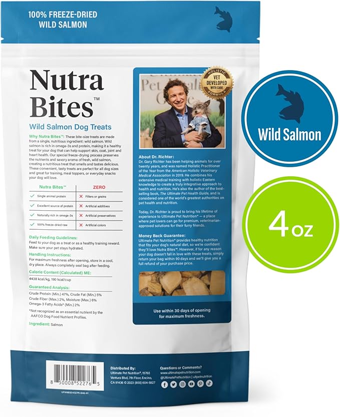 ULTIMATE PET NUTRITION Nutra Bites Freeze Dried Raw Single Ingredient Training Treats Food Topper for Dogs, 4 Ounces, Salmon