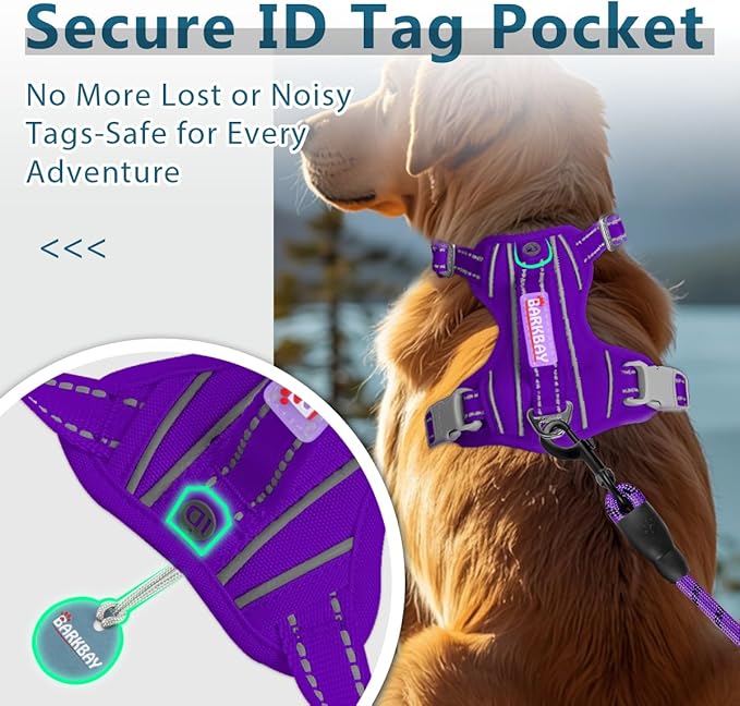 BARKBAY Dog Harness No Pull Oxford with ID Tag Pocket - Heavy Duty, Reflective, Easy Control for Large Dogs(Purple Oxford,M)