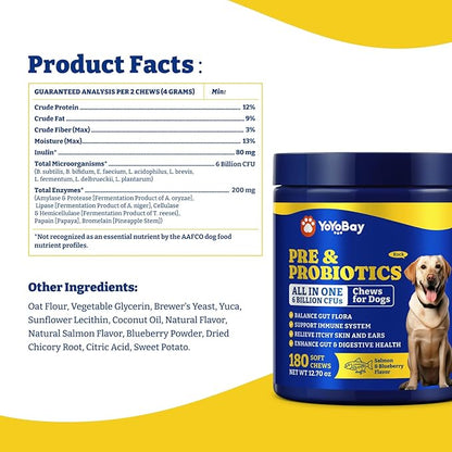 Probiotics for Dogs - Dog Probiotics for Gut, Immune & Skin Health - 6 Billion CFUs, 180 Soft Chews, Salmon & Blueberry Flavor - with Prebiotics & Digestive Enzymes