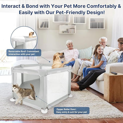 58.3"x58.3"x29.9" Large Dog Playpen Indoor, Extra Tall Puppy Playpen with Removable Roof, Sturdy Fabric Dog Pen for Medium to Large Pets, Spacious Hexagonal Pet Playpen Indoor for Comfort & Security