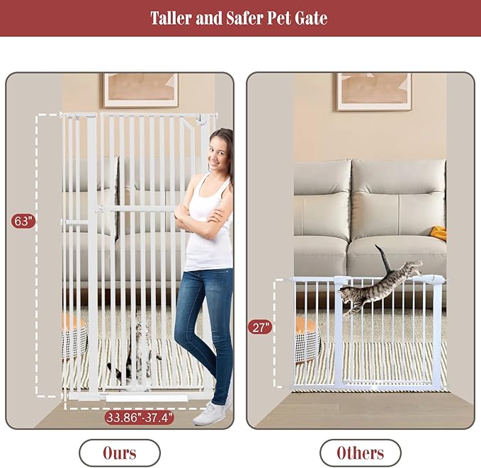 Glaf Extra Tall Pet Gate 63" Pressure Mounted Cat Door Safety Metal Cat Gate Adjustable Width Dog Gate Auto-Close Dog Door for Doorways, Stairs, Kitchen, Hallway (White, 33.86-37.4")