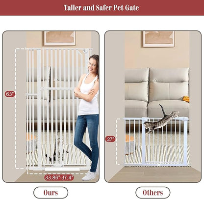 Glaf Extra Tall Pet Gate 63" Pressure Mounted Cat Door Safety Metal Cat Gate Adjustable Width Dog Gate Auto-Close Dog Door for Doorways, Stairs, Kitchen, Hallway (White, 33.86-37.4")