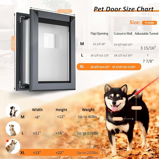 FreeStanding XL Dog Door for Wall, Extra Large Dog Door with Heavy Duty Aluminum Frame, Telescoping Tunnel, Double Magnetic Flaps and Double Sliding Lock Panels, Up to 220lbs, X-Large, Smoky Gray