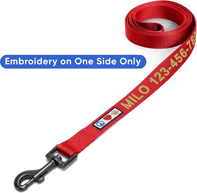 Pawtitas Personalized 6 ft Red Dog Leash XXS/Cat Custom Name and Phone Embroidery Strong Nylon Leash for Small Breeds
