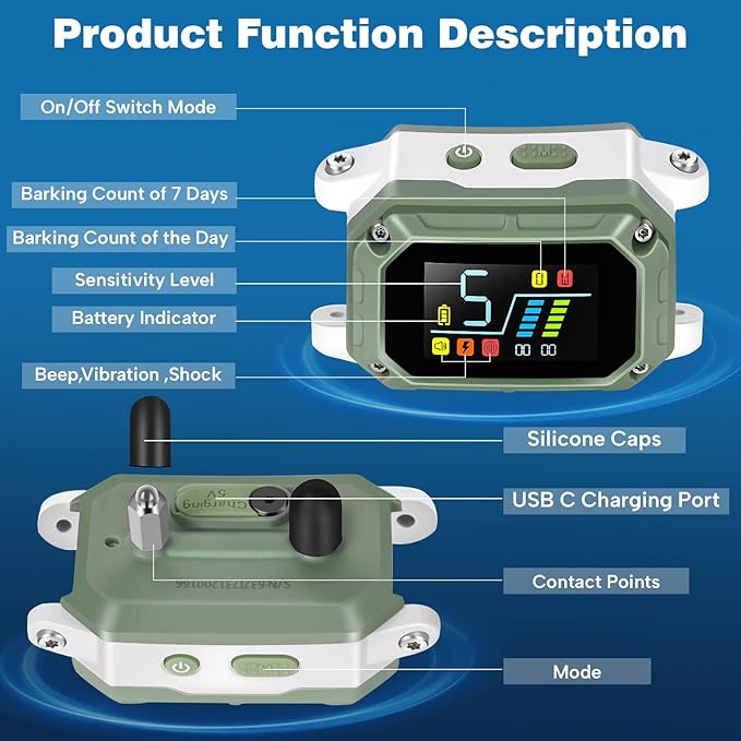 Dog Bark Collar for Large Medium Small Dogs, Rechargeable Smart Bark Collar, Anti Barking Training Collar with Adjustable Sensitivity Beep Vibration Shock