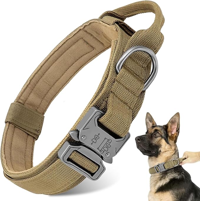 Tactical Dog Collar - Military Dog Collar, Adjustable Heavy Duty Metal Buckle Nylon Collar with Control Handle for Small Medium Large Dogs (Brown,XL)