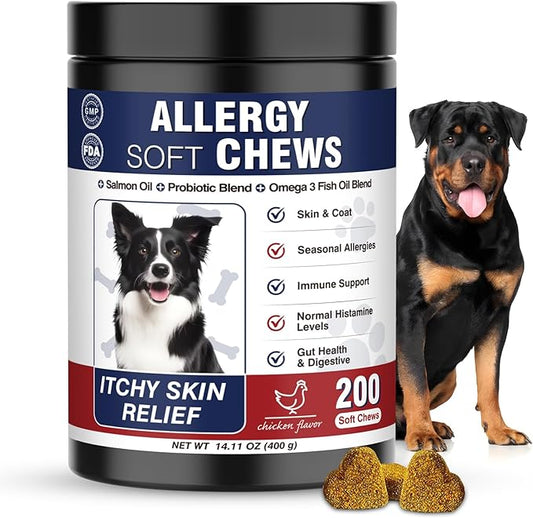 Allergy Relief Chews for Dogs 200 Treats Dog Seasonal Allergy and Immune Bites Dog Itching Skin Anti Itch Licking Paws Treatment Itchy Skin Relief Allergies Support Probiotic Chew Supplement for Dogs