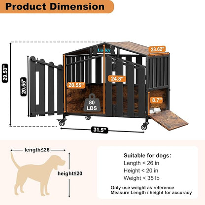 EasyCom 31" Heavy Duty Dog Crate Furniture, Dogs Kennel Indoor with 360° Wheels, Decorative Dog Crates for Small Dogs, Wooden Dog Cage with Feeding Window and Name Tag, Dog House, Rustic Brown