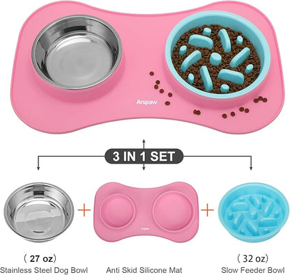 Anipaw Slow Feeder Dog Bowls 3 in 1 Stainless Steel Dog Food and Water Bowls with Non-Spill Non-Skid Silicone Mat to Slow Down Eating for Large Medium Small Breed Size Dogs and Cats (Pink Blue)