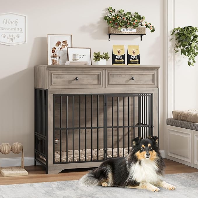 QUW 42" Modern Dog Crate Furniture, Wooden Dog Kennel for Medium to Large with 360°Rotating & 3-Levels Adjustable Height Dogs Bowl Holder, Decorative Dogs cage Pet House Indoor, Grey