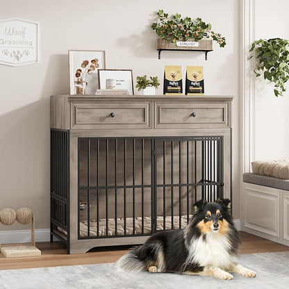 QUW 42" Modern Dog Crate Furniture, Wooden Dog Kennel for Medium to Large with 360°Rotating & 3-Levels Adjustable Height Dogs Bowl Holder, Decorative Dogs cage Pet House Indoor, Grey