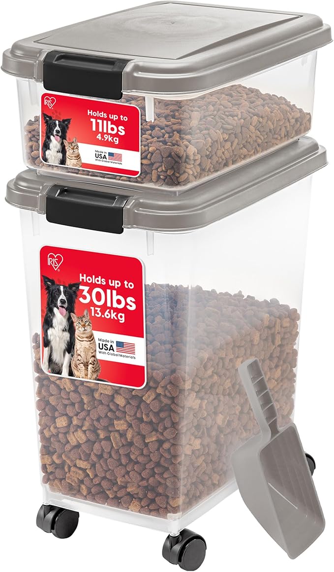 IRIS USA 30 lbs & 11 lbs Combo Airtight Dog Food Storage Container, Stackable Treat Box, 2-Cup Scoop, Wheels, Keep Fresh, Easy Mobility, Chrome