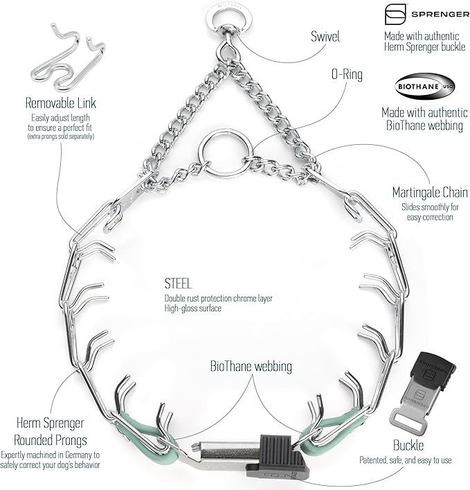 Herm Sprenger Chrome Plated Steel Dog Collar with Quick Release ClicLock Buckle and Biothane Insert Training Collar for Dogs Made in Germany (Sage Green, 16in x 2.25mm(Neck Size up to 13-14in))