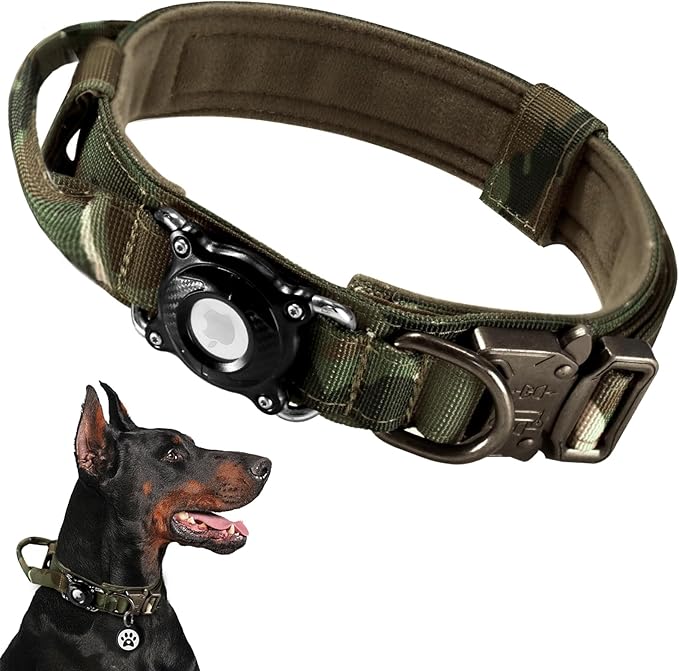 Tactical Dog Collar with AirTag Holder | Heavy Duty & Adjustable GPS Tracking Compatible with Apple AirTag | 100% Waterproof Case & Control Handle for Large Dogs (Camo, XL)