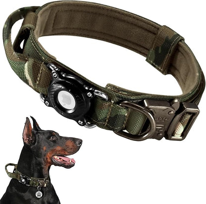Tactical Dog Collar with AirTag Holder | Heavy Duty & Adjustable GPS Tracking Compatible with Apple AirTag | 100% Waterproof Case & Control Handle for Large Dogs (Camo, XL)