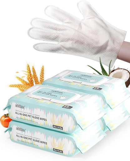 IMMHABI 100 Pcs Pet Glove Wipes, Cleaning & Deodorizing for Dogs & Cats, Hypoallergenic Dog Bath Wipes with Natural Persimmon Tannin, Unscented Wipes for Ears, Fur, Paws
