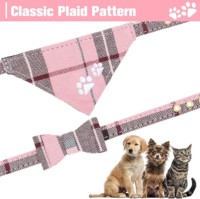 EXPAWLORER Dog Collar and Leash Set - Embroidery Pawprints Plaid Dog Collar and Dog Leash Set, Bow Tie and Bandana Dog Collar, Adorable Collar and Leash for Dogs Cats Outdoor Walking, Pink M