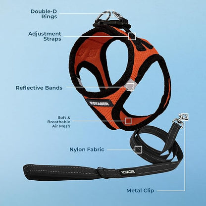 Best Pet Supplies Voyager Step-in Air All Weather Mesh Harness and Reflective Dog 5ft Leash Combo with Neoprene Handle, for Small, Medium and Large Breed Puppies - Set (Orange/Black Trim), Medium
