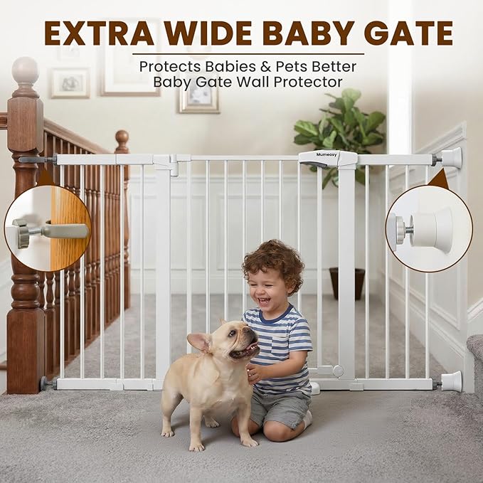 Mumeasy 29.7-57" Extra Wide Baby Gate for Doorways, Auto Close Dog Gate Indoor for Stairs, No-Drill Pressure Mounted Pet Gate with Door, Easy Walk Thru Long&Large Safety Gate for House, Outdoor, White