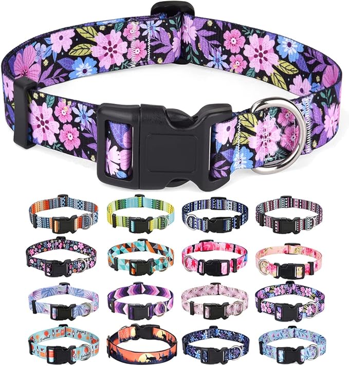 Mihqy Dog Collar with Bohemia Floral Tribal Geometric Patterns - Soft Ethnic Style Collar Adjustable for Small Medium Large Dogs(Floral Pink,S)