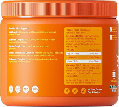 Multivitamin Treats for Dogs, Glucosamine Chondroitin Joint Support + Digestive Enzymes & Probiotics, Grain Free Dog Vitamins and Supplements for Skin & Coat, Peanut Butter - 120ct