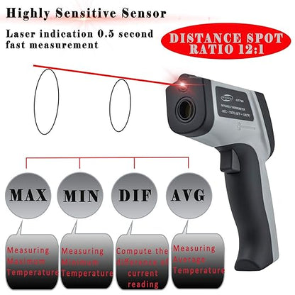 Infrared Thermometer Laser Temperature Gun, Digital Surface Heat Temp Gun Non-Contact for Cooking Food, Pizza Oven, Griddle Meat, Refrigerator, HVAC, Grill, Engine -58℉~1382℉(-50℃~750℃)