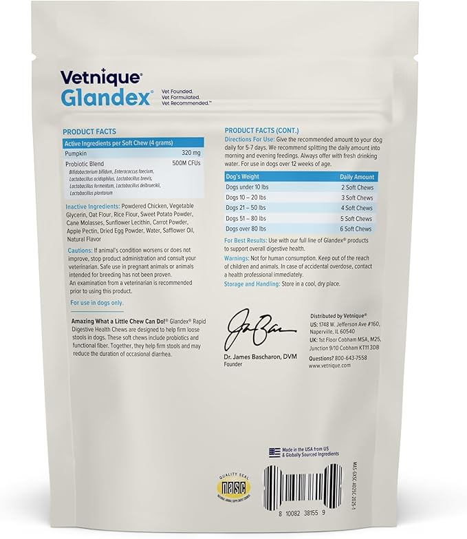 Vetnique Glandex Rapid Digestive Support for Dogs with Loose Stool | Diarrhea - Probiotics and Pumpkin for Dogs to Help Firm Dog Poop - 25 Chicken Flavored Soft Chews (25ct, Anti-Diarrhea)